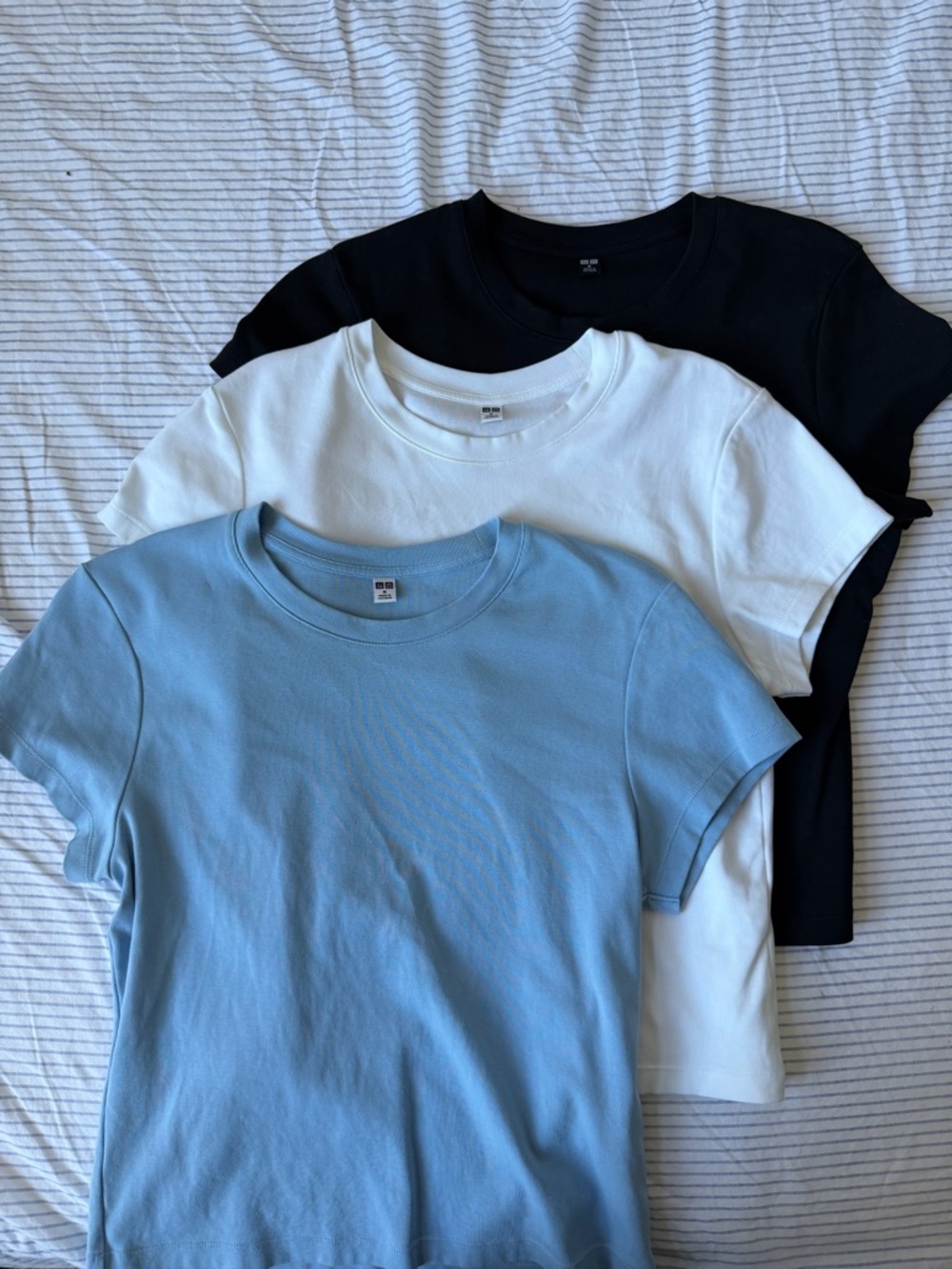 Uniqlo mini Crewneck Tee - set of 3. Light Blue, White & Black